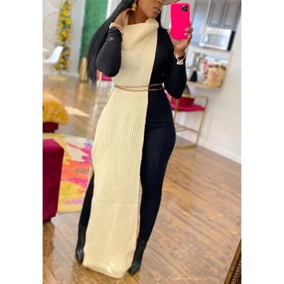 Women Sleeveless Maxi Sweater Dress Knitted Turtleneck Side Split